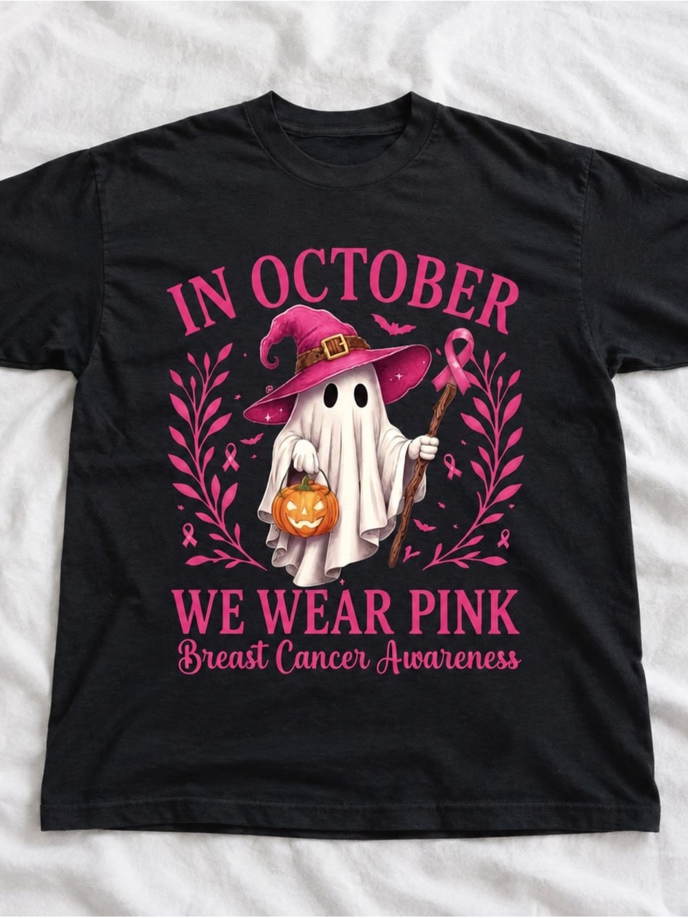 Pink Halloween Breast Cancer Gildan Black Tee Graphic